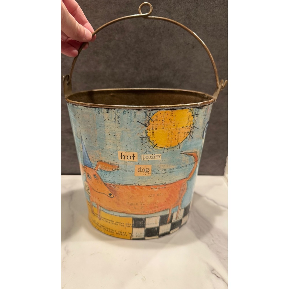 Kathleen Taylor Hot Diggity Dog Metal Bucket Whimsical Dachshund Folk Art Decor
